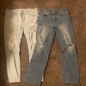 Stylish Distressed Women's Jeans - Light Blue and Cream